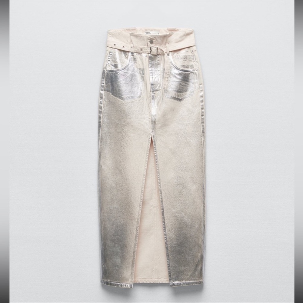 Metallic silver over off white denim skirt.